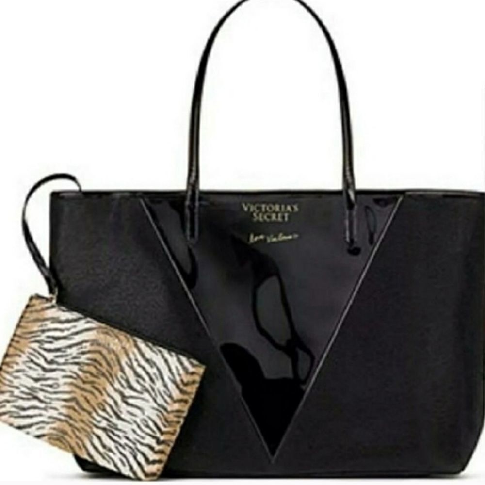 NWOT Victoria's Secret Black Tote Bag with Tiger Print Detachable Pouch